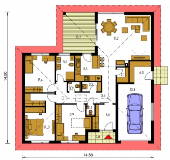 Spiegelverkehrter Entwurf | Grundriss des Erdgeschosses - BUNGALOW 222